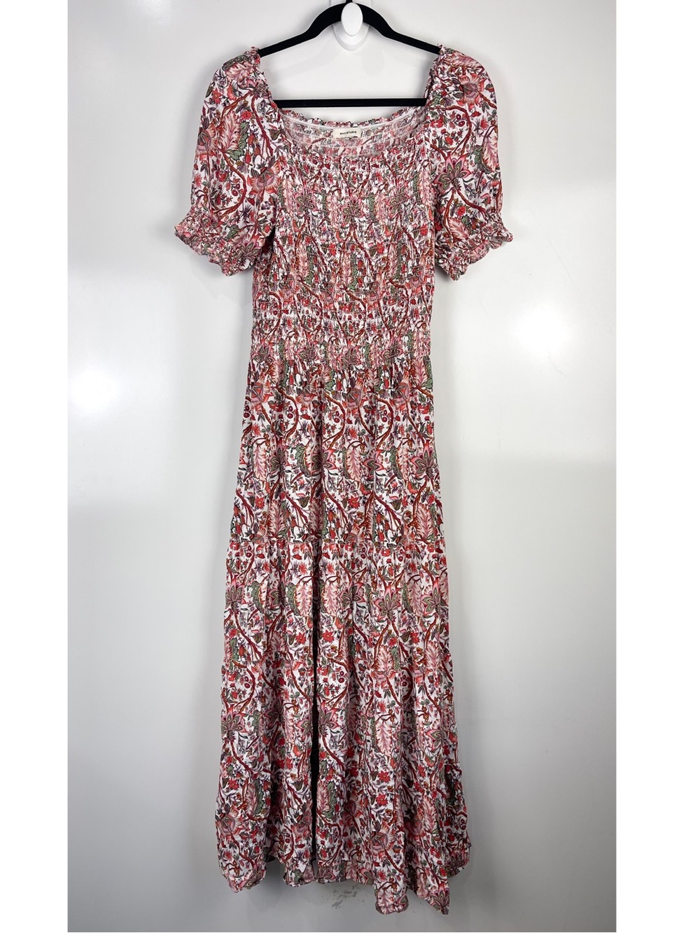 Max Studio Red Floral Maxi Dress Puff Sleeve Smocked Women's Size XL Sun Dress